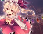  adapted_costume ascot bad_id bad_pixiv_id blonde_hair building flandre_scarlet hat hat_ribbon lace long_sleeves mihatarou open_mouth red_eyes ribbon short_hair side_ponytail skirt skirt_set smile solo touhou wings 