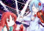  blue_hair child closed_eyes dress flower hair_down hair_flower hair_ornament instrument long_hair mad_(hazukiken) mahou_shoujo_madoka_magica miki_sayaka multiple_girls red_hair sakura_kyouko short_hair violin younger 