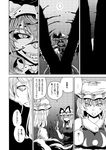  3girls bisected black_sclera blood blood_splatter breasts claws comic dress evil_grin evil_smile fan fangs fingernails folding_fan full_moon greyscale grin hat hat_ribbon medium_breasts monochrome moon multiple_girls remilia_scarlet ribbon smile snake spoken_ellipsis sweatdrop touhou translated wings yakumo_ran yakumo_yukari yokochou 