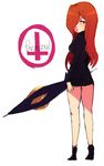  1girl breasts character_name cross frown hair_over_one_eye high_heels long_hair looking_back parasoul_(skullgirls) red_hair skullgirls solo t66sobakasu umbrella yellow_eyes 