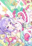  :d ahoge bare_shoulders between_fingers blue_hair blush braid breasts christmas cleavage fur_trim gloves kousaki_rui medium_breasts midriff navel open_mouth original ornament party_popper pink_eyes pom_pom_(clothes) purple_hair reclining santa_costume skirt smile solo star 