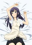  apron arm_up armpits black_hair cowboy_shot dakimakura highres iyakun long_hair lying purple_eyes solo working!! yamada_aoi 