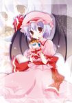  :q bad_id bad_pixiv_id bat_wings eating food hat lavender_hair red_eyes remilia_scarlet solo tart_(food) tongue tongue_out touhou white-brown wings wrist_cuffs zoom_layer 