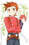  :c belt belts blush brown_eyes brown_hair can&#039;t_be_this_cute can't_be_this_cute crossed_arms highres kratos_aurion lloyd_irving ore_no_imouto_ga_konna_ni_kawaii_wake_ga_nai parody pout red_eyes red_hair short_hair suspenders sweat tales_of_(series) tales_of_symphonia 