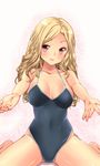  amasora_taichi bad_id bad_tinami_id bare_legs bare_shoulders blonde_hair breasts cleavage collarbone large_breasts looking_at_viewer one-piece_swimsuit original outstretched_arms pink_eyes shiny shiny_skin sitting smile solo swimsuit wariza 