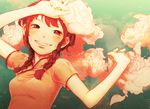  arms_up braid brown_eyes brown_hair bubble chinese_clothes cloud flower grin hair_over_shoulder happy looking_at_viewer nishio original red short_sleeves sky smile solo twin_braids water 