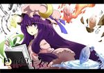  :o book bookmark bow crescent crystal fire frills gears gj_(minoru) hair_bow hat leaf letterboxed long_hair magic patchouli_knowledge purple_eyes purple_hair rock solo touhou upper_body very_long_hair water 