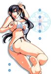  amaya_haruko ass barefoot bikini black_hair blue_eyes breasts comic highres jpeg_artifacts large_breasts long_hair maken-ki! side-tie_bikini side_ponytail sideboob solo swimsuit takeda_hiromitsu underboob 