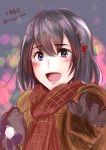  1girl :d alternate_costume artist_name black_gloves black_hair blurry bokeh commentary_request depth_of_field gloves haguro_(kantai_collection) hair_ornament hairclip happy_tears highres kantai_collection open_mouth purple_eyes red_scarf scarf short_hair smile solo suuyu_siba tears traditional_media twitter_username 