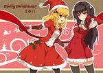  blush braid christmas dress hat holly long_hair multiple_girls original pantyhose santa_costume sirills thighhighs zettai_ryouiki 