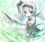  bad_id bad_pixiv_id black_hairband blue_eyes blush hair_ribbon hairband itsutsuki konpaku_youmu konpaku_youmu_(ghost) ribbon scabbard sheath short_hair silver_hair skirt solo sword touhou vest weapon 