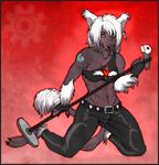  &dagger; bulge canine chinese_crested chinese_crested_dog cross dickgirl dog ear_piercing earring fluff goth hair heavy herm intersex kneeling leather mammal metal microphone piercing pose rocker singer sixty skull solo white_hair yellow_eyes zenithfoxie 