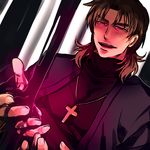  bad_id bad_pixiv_id bangs brown_eyes brown_hair cassock coat dutch_angle eyebrows fate/stay_night fate_(series) forked_eyebrows kotomine_kirei male_focus mud mullet parted_bangs solo zihad 