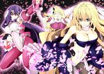  aoi_kimi asama_tomo blonde_hair blue_eyes bodysuit breasts cherry_blossoms cleavage closed_eyes fan folding_fan green_eyes hanami_(horizon) heterochromia kyoukaisenjou_no_horizon large_breasts minigirl multiple_girls pantyhose petals purple_hair red_eyes toromera uzui_(horizon) 