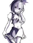  bob_cut crop_top hair_ribbon katana konpaku_youmu mark_(heaven) midriff monochrome navel ribbon short_hair simple_background sketch skirt solo sword touhou weapon 