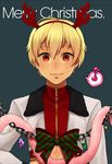  antlers bad_id bad_pixiv_id blonde_hair bow chain christmas fate/stay_night fate_(series) fur gem gilgamesh male_focus merry_christmas midriff musical_note red_eyes reindeer_antlers ribbon smile speech_bubble steak20 