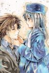  1girl bad_id bad_pixiv_id blue_hat brown_hair coat emiya_kiritsugu facial_hair fate/zero fate_(series) father_and_daughter hat illyasviel_von_einzbern karekusa_tugumi long_hair red_eyes scarf silver_hair stubble traditional_media watercolor_(medium) white_scarf 