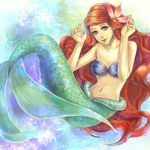  2011 absurdres ariel_(disney) artist_request bare_shoulders bikini_top blue_eyes dated flower hair_flower hair_ornament highres light_smile long_hair mermaid monster_girl navel red_hair signature smile solo the_little_mermaid 