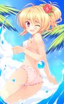  azure_(capriccio) back bad_id bad_pixiv_id bikini blonde_hair blush flower hair_flower hair_ornament hibiscus highres looking_back one_eye_closed open_mouth original red_eyes short_hair smile solo swimsuit tree water 