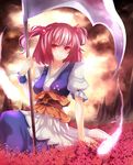  breasts cloud coin flower hair_bobbles hair_ornament highres hitodama looking_at_viewer medium_breasts mountain onozuka_komachi pink_hair red_eyes sash scythe short_hair short_sleeves skirt smile solo spider_lily touhou two_side_up vinashyra wrist_cuffs 