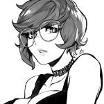  1girl absurdres breasts choker erica_june_lahaie glasses greyscale highres large_breasts makeup mascara monochrome parted_lips real_life self-portrait short_hair signature solo tank_top upper_body 