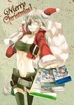  ahoge belt blazblue braid christmas cosplay eyepatch fujino_sato hat long_hair nu-13 ragna_the_bloodedge ragna_the_bloodedge_(cosplay) red_eyes santa_costume santa_hat silver_hair solo 