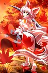  aji082 animal_ears autumn_leaves detached_sleeves forest hat highres inubashiri_momiji leaf looking_back maple_leaf nature red_eyes shield shirt short_hair silver_hair skirt smirk solo sword tail tokin_hat touhou weapon wolf_ears wolf_tail yellow_eyes 