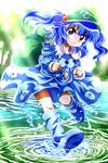  aji082 backpack bag blue_eyes blue_hair boots grin hair_bobbles hair_ornament hat highres kawashiro_nitori pocket river shirt skirt smile solo touhou tree two_side_up water waves 