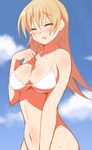  9law bikini blonde_hair blush bottomless breasts closed_eyes highres large_breasts long_hair out-of-frame_censoring solo swimsuit tears todoroki_yachiyo working!! 