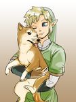  animal bad_id bad_pixiv_id blonde_hair blue_eyes brown_background carrying dog gloves gradient gradient_background hakobe_(ichiru) link male_focus one_eye_closed pointy_ears shiba_inu smile the_legend_of_zelda the_legend_of_zelda:_skyward_sword 