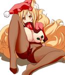  animal_ears bell blonde_hair breasts brown_legwear cameltoe christmas dearmybrothers fox_ears fox_tail gusset hat highres large_breasts looking_at_viewer mouth_hold nipple_piercing nipples pantyhose piercing santa_costume santa_hat shirt_lift simple_background sitting solo tail touhou white_background yakumo_ran yellow_eyes 