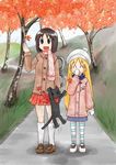  &gt;_&lt; :d ^_^ black_cat black_eyes black_hair cat closed_eyes coat covering_mouth grass hand_over_own_mouth hill jumping leaf long_hair mittens multiple_girls nichijou open_mouth path professor_shinonome pxton road sakamoto_(nichijou) scarf shinonome_nano shoes short_hair skirt smile socks standing striped striped_legwear thighhighs tree winding_key 
