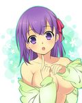  :o breasts fate/stay_night fate_(series) finger_to_mouth hair_ribbon large_breasts long_hair matou_sakura nfr off_shoulder open_clothes open_shirt purple_eyes purple_hair ribbon shirt solo undressing 