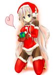  ashiiyuriwi_(ayshel) blue_eyes boots christmas gift hat heart holding holding_gift horizon_ariadust kneeling kyoukaisenjou_no_horizon long_hair mittens pantyhose santa_costume santa_hat silver_hair solo thigh_boots thighhighs 