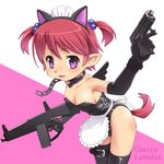 animal_ears apron breasts cat_ears cleavage collar dual_wielding fake_animal_ears fang gun hairband holding maid maid_headdress medium_breasts meow_(nekodenki) original pointy_ears purple_eyes red_hair short_hair solo tail thighhighs trigger_discipline weapon 