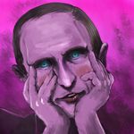  blue_eyes blush caricature chama_(painter) face formal glowing glowing_eyes hands hands_on_own_cheeks hands_on_own_face lips male_focus open_mouth parody pink_background politician real_life simple_background smile solo suit vladimir_putin yandere_trance 