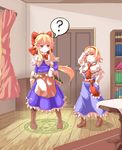  =_= ? alice_margatroid blonde_hair bookshelf boots bow capelet curtains dress goliath_doll hair_bow hairband hand_on_hip long_hair magic_circle mochinabe multiple_girls ponytail red_eyes room sash scabbard sheath sheathed short_hair table touhou 