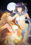  ao_no_kiseki armlet bandeau blonde_hair blue_eyes choker curly_hair eiyuu_densetsu ekimmu full_moon ilya_platiere long_hair midriff moon multiple_girls navel purple_hair rixia_mao short_hair smile yellow_eyes 