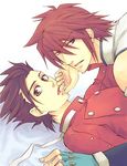  2boys age_difference alternate_costume brown_eyes brown_hair father_and_son fingerless_gloves gloves kratos_aurion lloyd_irving multiple_boys on_top red_eyes red_hair short_hair tales_of_(series) tales_of_symphonia 