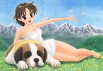  :d acrylic_paint_(medium) alps_no_shoujo_heidi animal bad_id bad_pixiv_id bare_legs barefoot brown_eyes brown_hair bug butterfly collarbone dog dress flower heidi insect lying madoka_akira mountain nature on_side open_mouth outstretched_arm short_dress short_hair skirt smile solo teenage traditional_media watermark white_skirt world_masterpiece_theater 