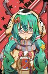  animal_costume antlers bad_id bad_pixiv_id bespectacled cup glasses green_eyes green_hair hatsune_miku hippos long_hair mittens mouth_hold mug reindeer_antlers reindeer_costume scarf solo striped striped_scarf twintails vocaloid 
