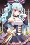  arm_up arm_warmers blue_hair bow bracelet buckle chain choker dress fence flower frills gilse gloves jewelry knife linus_falco long_hair low_twintails lowres red_eyes rose scabbard sheath solo strapless strapless_dress striped sword_girls twintails wavy_hair weapon 