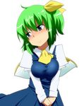  ascot bad_id bad_pixiv_id blue_eyes bow breast_squeeze breasts daiyousei dress green_hair hair_bow hyudora long_sleeves looking_away medium_breasts short_hair side_ponytail simple_background smile solo touhou white_background wings 