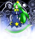  bow bowtie capelet crescent ghost_tail green_eyes green_hair hat highres long_hair magic_circle mima runes smile solo star sun_(symbol) touhou touhou_(pc-98) wizard_hat 