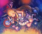  ? alcohol bad_id bad_pixiv_id ball belt blonde_hair bottle bow chain closed_eyes cup gourd grass ground hair_bobbles hair_bow hair_ornament hair_tie horn_ribbon horns ibuki_suika long_hair lying npty on_side one_eye_closed open_clothes open_mouth open_shirt orange_hair ribbon sakazuki sake shirt shoes skirt sleeveless sleeveless_shirt socks solo tied_hair touhou tree white_legwear wrist_cuffs 