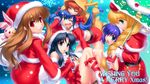  animal_costume bow braid capelet christmas hat highres kawana_misaki kouzuki_mio merry_christmas mouth_hold multiple_girls nagamori_mizuka nanase_rumi one reindeer reindeer_costume ribbon santa_costume santa_hat satomura_akane shiina_mayu_(one) spoon twintails umbrella zen 