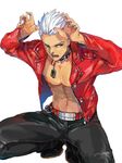  archer collar dark_skin dark_skinned_male fangs fate/extra fate/extra_ccc fate_(series) grey_eyes jacket kurozukuri leather leather_pants male_focus pants paw_pose red_jacket solo white_hair 