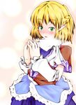  arm_warmers blonde_hair blush breath dress green_eyes kuroneko_(kuroi-neko) mizuhashi_parsee open_mouth pointy_ears scarf solo steepled_fingers touhou 