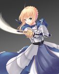  ahoge armor armored_dress artoria_pendragon_(all) blonde_hair clenched_teeth dress excalibur fate/stay_night fate/zero fate_(series) faulds frown gauntlets green_eyes hair_ribbon looking_at_viewer nksk ribbon saber slashing solo sword teeth weapon 