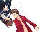  2boys age_difference brown_eyes brown_hair father_and_son kratos_aurion lloyd_irving multiple_boys open_clothes open_shirt red_eyes red_hair ribbon shirt short_hair tales_of_(series) tales_of_symphonia 